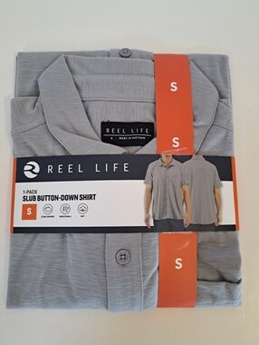 Reel Life Slub Woven Button Short Sleeve Shirt Gray Men Small Breathable New